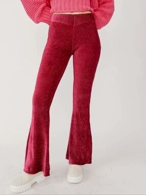 FREE PEOPLE Velvet SO CHARMING Ribbed Pullon Flare Pant raspberry Xs Small